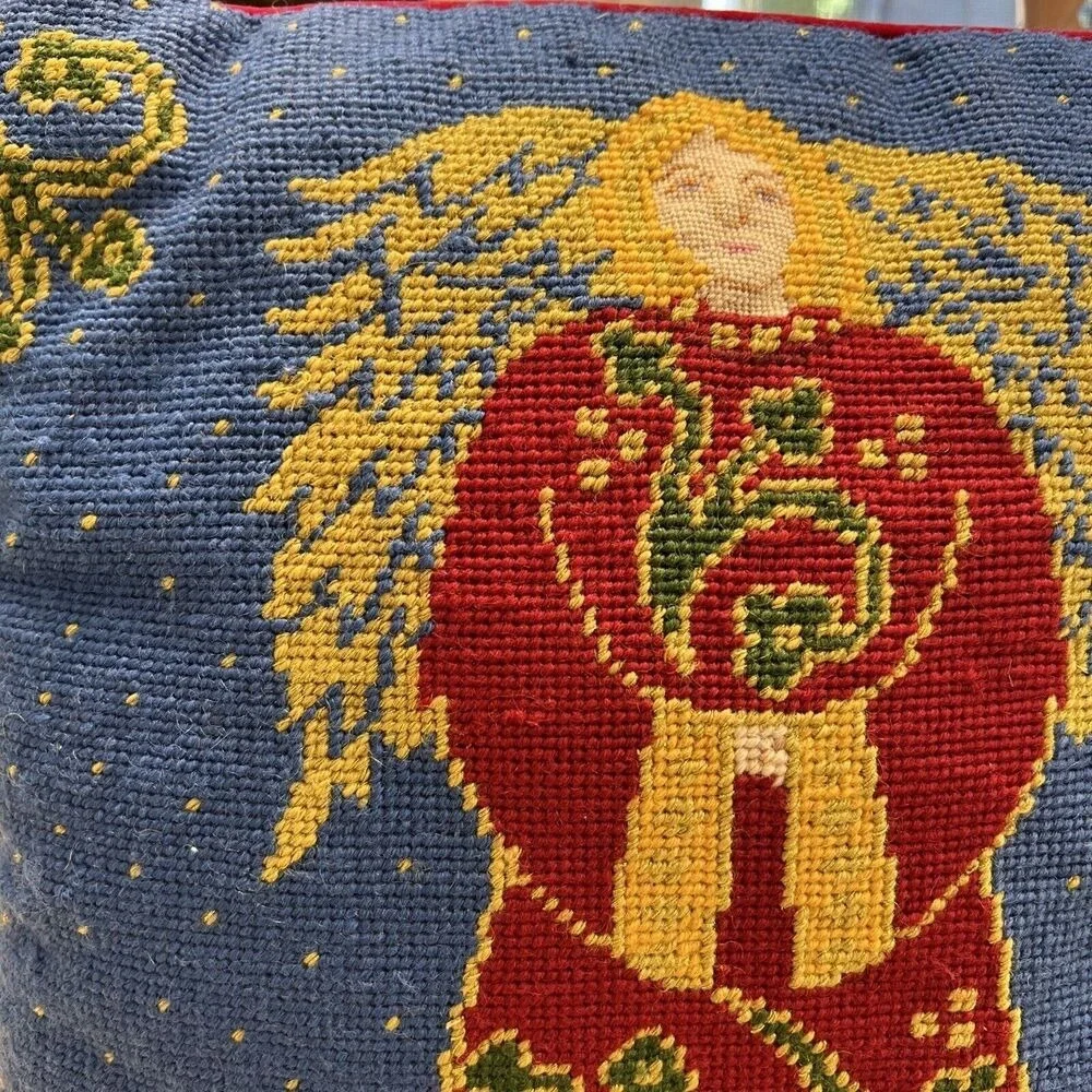 Pier 1 Needlepoint Christmas Angel Red‎ Blue Wool Velour Pillow Holiday 13